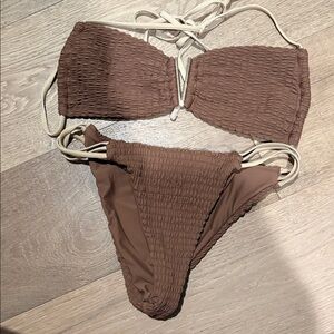 Women’s Smocked Brown Bikini Set with Beige Straps